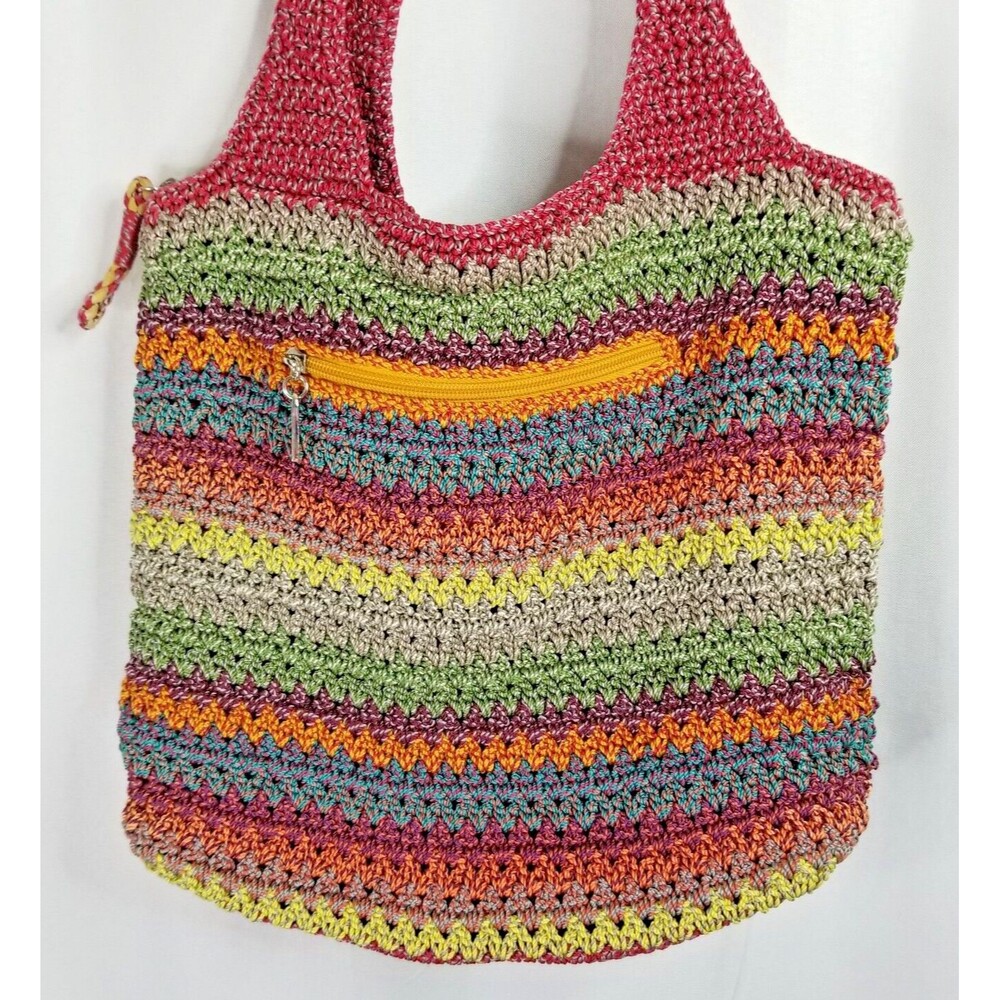 The SAK Crochet Hobo Handbag Purse Bohemian Multicolor Horizontal Design Zipper